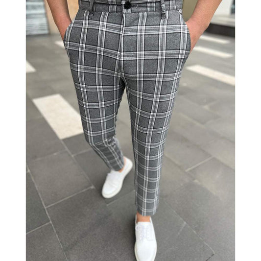 Men's Casual Long Pants Grid Striped Pants