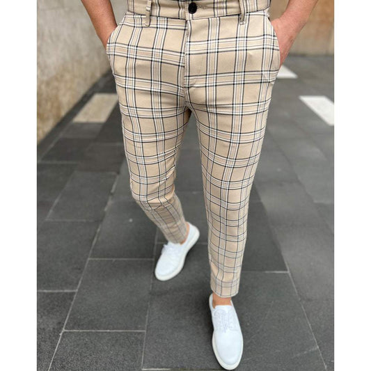 Men's Casual Long Pants Grid Striped Pants