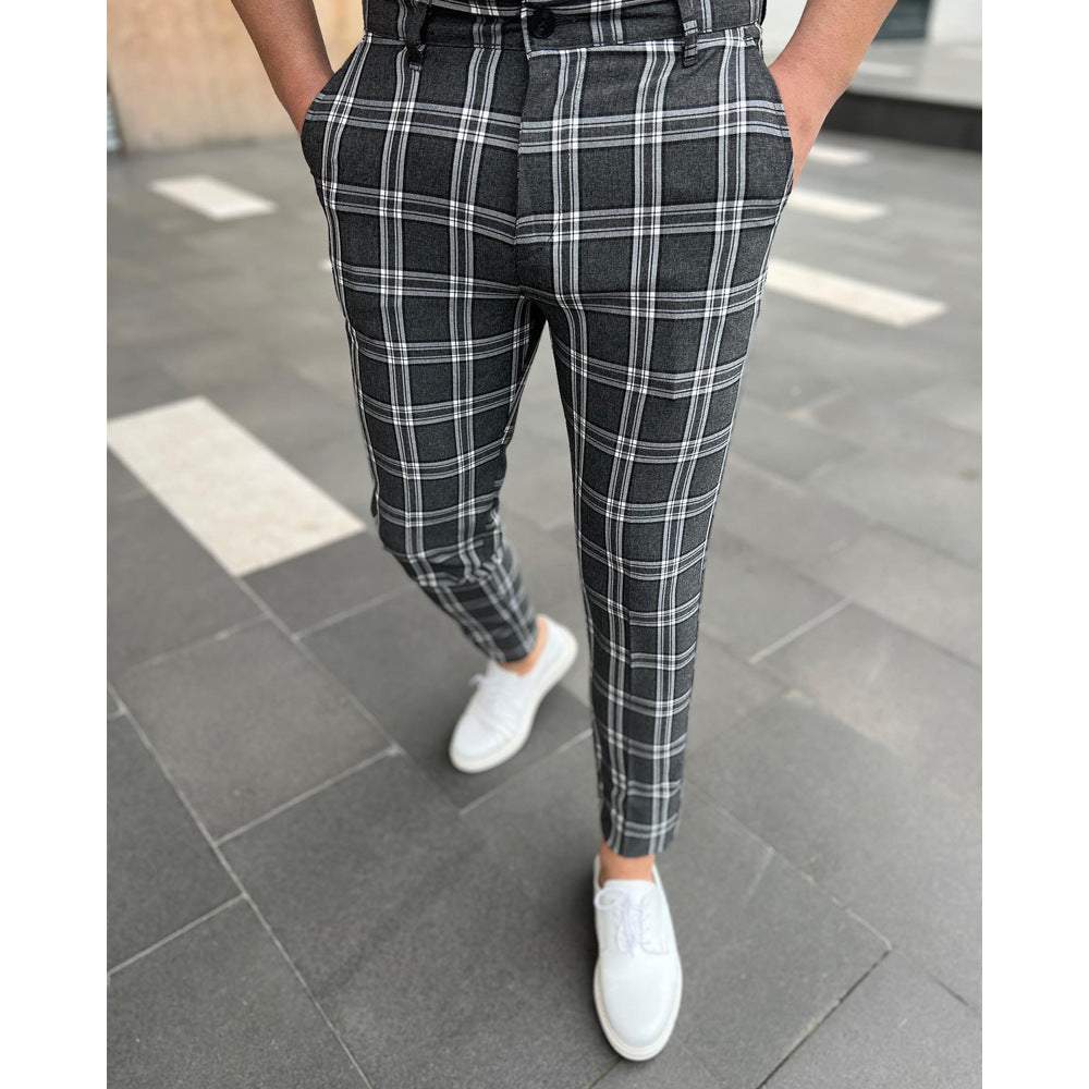 Men's Casual Long Pants Grid Striped Pants